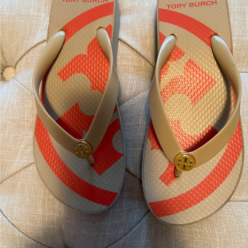 Tory Burch Tan and Coral Flip Flops